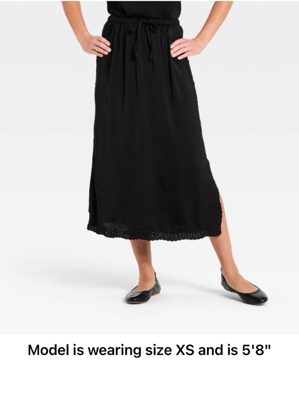 Black cutwork midi a line Skirt with Lace Hem